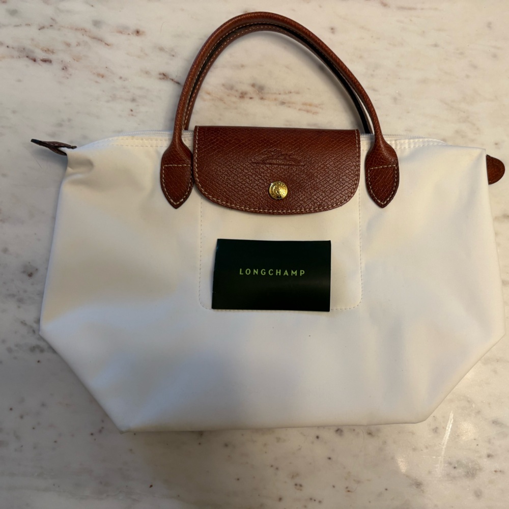 Longchamp White and Brown Tote Bag with Leather Handles-Le Pliage S
